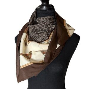 LAURA BORGHESE Vintage Pheasant Bird Chain Pattern Square Scarf Brown Cream